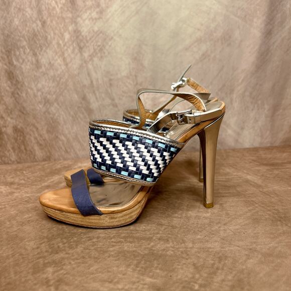 Coach Steffi Heels Pumps Slingback Woven Open Toe Sandals Silver Metallic Blue - Picture 2 of 14
